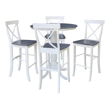 International Concepts 36 in. Solid Wood Round Pedestal Gathering Height Dining Table w/4 X-Back Bar Stools in White/Gray K05-36RT-6B-S6133-4